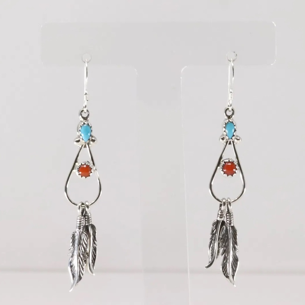 Native America Navajo Sterling Silver Coral & Turquoise Dangling Earring